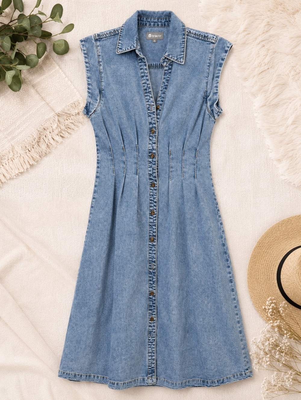 tractr Denim Sleeveless Button-Up Dress Light Blue S Casual